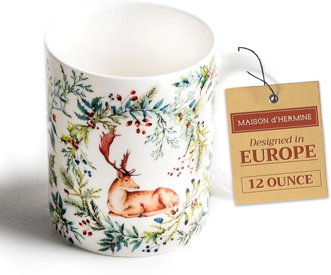 Maison d' Hermine Coffee Mug with Handles Tea Cups (12 Ounce, Pack of 1) | Fine Bone China Coffee Mugs for Hot Beverages Cappuccino Latte Home Restaurant Hotel Spring Summer -Holly Time - Cerf