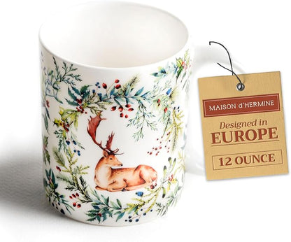 Maison d' Hermine Coffee Mug with Handles Tea Cups (12 Ounce, Pack of 1) | Fine Bone China Coffee Mugs for Hot Beverages Cappuccino Latte Home Restaurant Hotel Spring Summer -Holly Time - Cerf