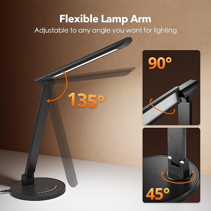 LED Desk Lamp, Metal Desk Light 12W 550lm, Dimmable Touch Control Lamp with USB Charging Port, Eye-Caring Desk Light with 5 Color Modes with 7 Brightness Levels, for Home, Office, School, Black