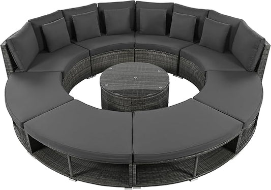 9-Pieces Outdoor Patio Furniture Set, Rattan Wicker Circular Sectional Sofa with Storage, Tempered Glass Table and 6 Pillows, Garden Lawn Half Moon Conversation Couch, Grey