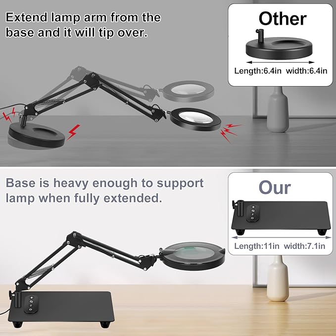 Magnifying Glass with Light with Base Controler, 5 Color Modes Stepless Dimmable LED Lighted Desk Lamp,Magnifying Glass with Light and Stand, Hands-Free Desk Magnifier Light for Craft Hobby Painting