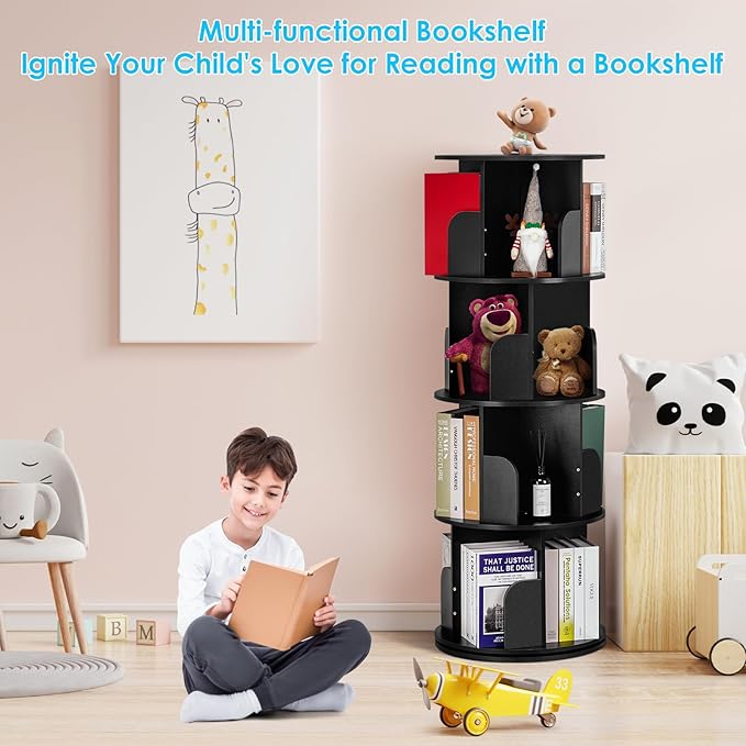 4 Tier Rotating Bookshelf kids, Small Corner Bookshelf for Small Space, 360 Display Floor Standing Bookcase Storage Rack, Wood Narrow Book Shelf Organizer for Home Office,Bedroom, Living Room