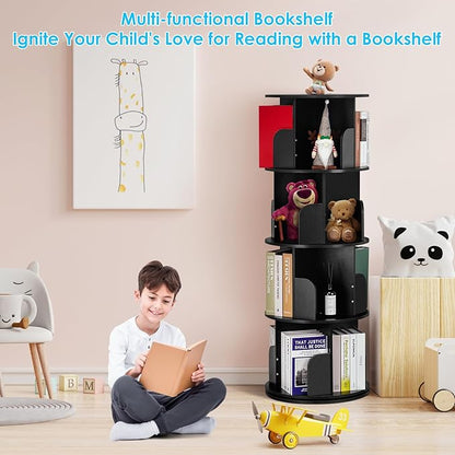 4 Tier Rotating Bookshelf kids, Small Corner Bookshelf for Small Space, 360 Display Floor Standing Bookcase Storage Rack, Wood Narrow Book Shelf Organizer for Home Office,Bedroom, Living Room