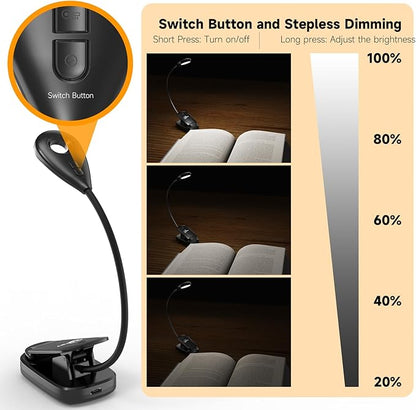 2 PACK Book Lights for Reading in Bed, 12 LEDs Rechargeable Clip Lamp with 3 Lighting Color, Stepless Dimming, Eye Protection, 80 Hours Runtime, 360° Flexible Gooseneck, Lightweight, Portable