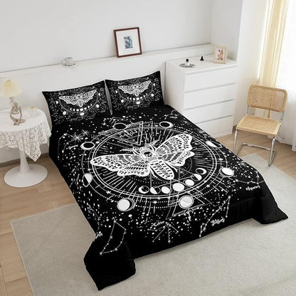 Kids Boho Moth Comforter Set Queen Boys Gothic Skull Bedding Set For Men Women Bedroom Decor Bohemian Moon Starry Sky Comforter Exotic Moth Skull Skeleton Bones Duvet Set Teens Quilt Set, Black White