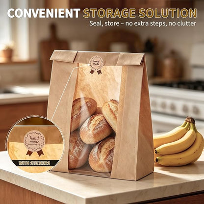 Banana Bread Packaging, Bread Packaging for Homemade, 50 Pcs 13.78" × 8.27" × 3.54" Bags with Clear Window and 50 Stickers, Water and Oil Repellent, Easy to Use, Well-Sized for Baked Goods