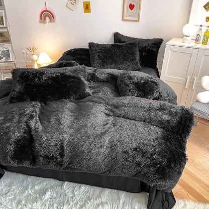 Faux Fur Kids Girls Black Comforter Sets Twin/Full - 3PC Bed Set Warm Comfortable Soft Plush Flannel Velvet Fluffy Fuzzy Bedding（Comforter x 1 Pillowcases x 2）