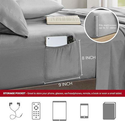Comfort Spaces Queen Comforter Sets with Sheets - Bed in a Bag 9 Pieces Teen Bedding Sets Queen, Red and Grey Stripes Bedding Queen, College Queen Bed Set with 2 Side Pockets Bedroom Organizer