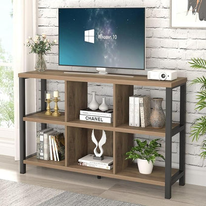 FOLUBAN 6 Cube Storage Organizer with Shelf, Industrial Horizontal Bookshelf, Low Cubby Bookcase for Living Room Bedroom, 47 Inch Oak