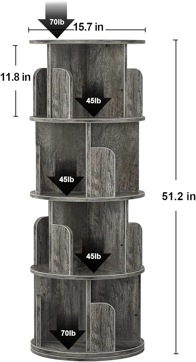 Aheaplus Rotating Bookshelf, 360 Display Corner Bookshelf for Small Space, 4 Tier Floor Standing Bookcase Storage Rack, Wood Narrow Book Shelf Organizer for Bedroom, Living Room, Study Room, Grey Oak