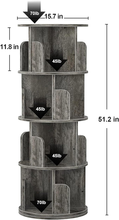 Aheaplus Rotating Bookshelf, 360 Display Corner Bookshelf for Small Space, 4 Tier Floor Standing Bookcase Storage Rack, Wood Narrow Book Shelf Organizer for Bedroom, Living Room, Study Room, Grey Oak