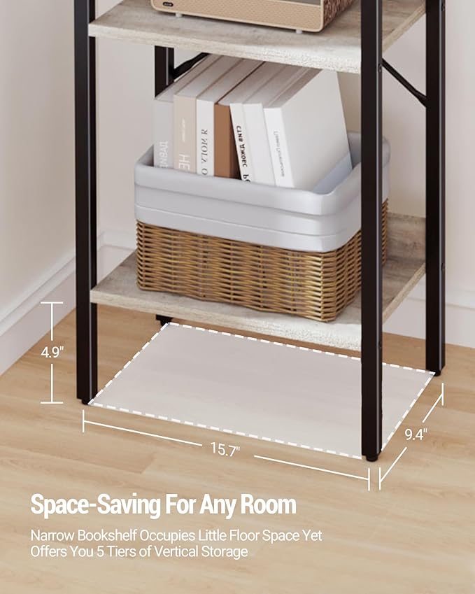 Bookshelf, Book Shelf, Industrial Bookcase with 2 Hooks, Coner Shelf Storage Organizer for Home Office, Living Room, Bedroom, Kitchen, 5-Tier Greige BC10505B