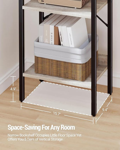 Bookshelf, Book Shelf, Industrial Bookcase with 2 Hooks, Coner Shelf Storage Organizer for Home Office, Living Room, Bedroom, Kitchen, 5-Tier Greige BC10505B