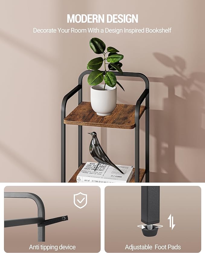 Bookcase Bookshelf, Narrow Book Shelf, Industrial Coner Shelf Storage Organizer, Slim Shelving Unit for Home Office, Living Room, Bedroom, Kitchen, 4-Tier Rustic Brown BC24401B