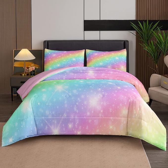 NINENINE Rainbow Bedding Sets,Twin Comforter Set for girls,Twin Bedding Sets for girls,Pink Comforter Glitter Bedding Comforter Set with 1 Comforter 1Pillowcase