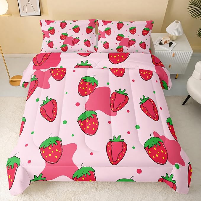 Kawaii Comforter Twin,Pink Strawberry Comforter Set for Kids Teens Girls,3Pcs Bedding Set Printed Comforter with 2 Pillowcases,Down Alternative,Soft and Lightweight，Twin Size