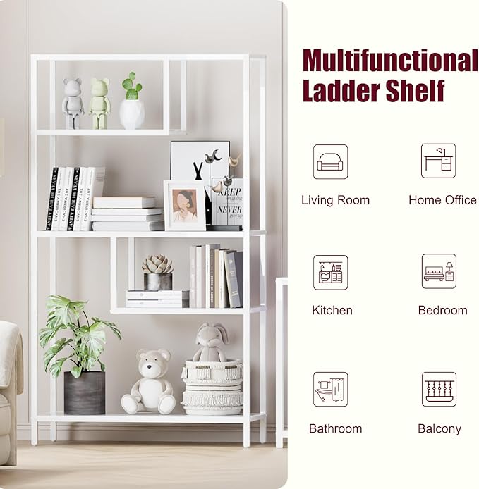 HOME BI Geometric Bookshelf, Tall Modern Etagere Bookcase, Industrial Metal Book Shelf with 5 Open Display Shelves for Office Living Room, White