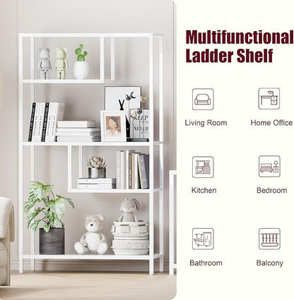 HOME BI Geometric Bookshelf, Tall Modern Etagere Bookcase, Industrial Metal Book Shelf with 5 Open Display Shelves for Office Living Room, White