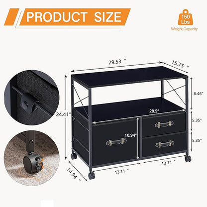 VECELO Fabric Lateral Filing Cabinet Rolling Printer Fits Letter Size, 3 Drawers Mobile Stand with Open Storage Shelf,for Home Office,Vintage Black