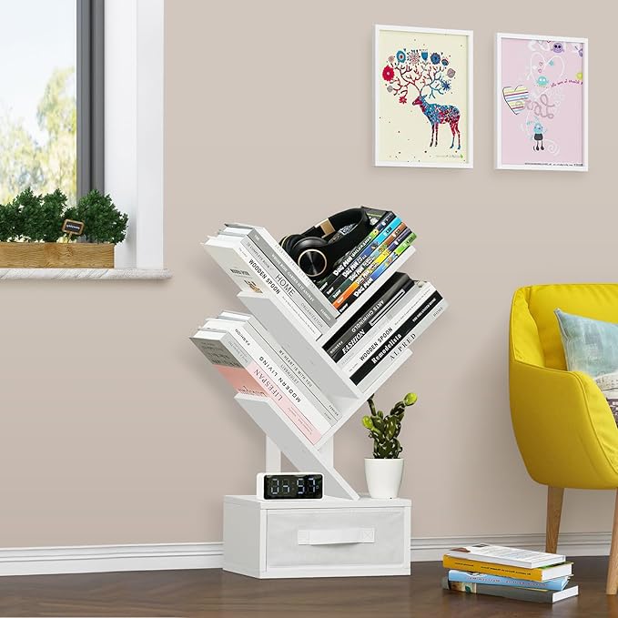Small Bookshelf with Drawer,4 Tier Tree Book Shelf,Wood Desk Bookshelves,Modern Free Standing Desktop Display Shelves,White Floor Standing Organizer Bookcase for Living Room,Bedroom,Office