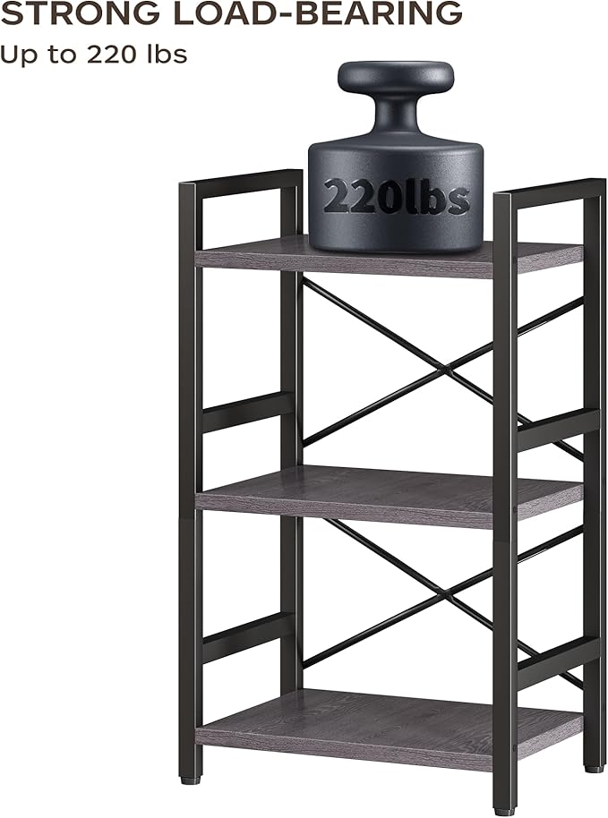 Bookshelf, 3 Tier Industrial Bookcase, Metal Small Bookcase, Rustic Etagere Book Shelf Storage Organizer for Living Room, Bedroom, and Home Office(Grey) Patent Pending D29873033