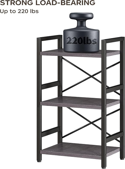 Bookshelf, 3 Tier Industrial Bookcase, Metal Small Bookcase, Rustic Etagere Book Shelf Storage Organizer for Living Room, Bedroom, and Home Office(Grey) Patent Pending D29873033
