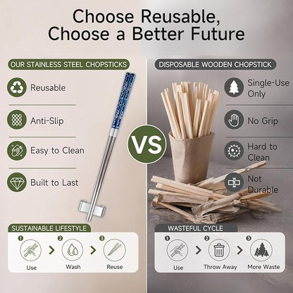 JEETEE Metal Chopsticks, 2 Pairs Stainless Steel with Holder | Titanium Coated, Anti-Slip Design, Reusable,Dishwasher Safe, for Sushi, for Ramen, for Camping, for Party