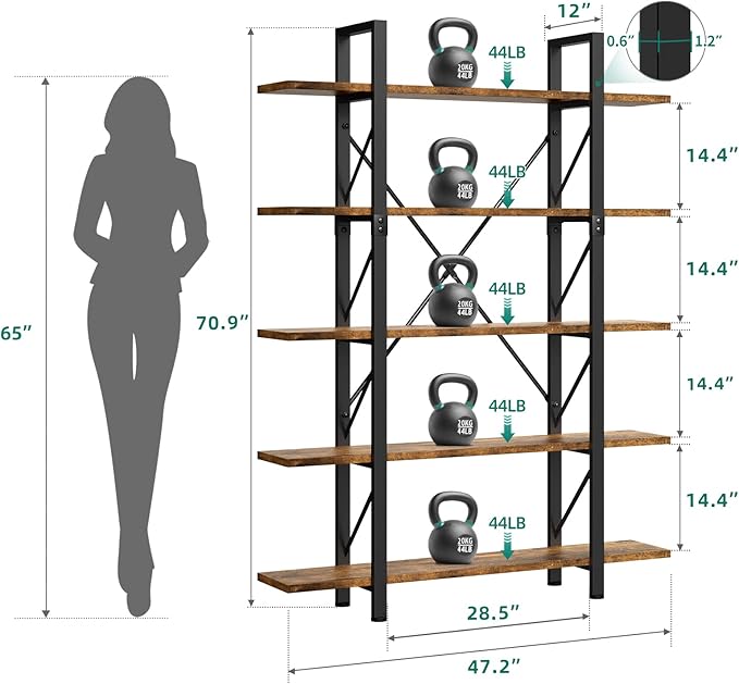 YITAHOME 5 Tier Bookshelf, 70.9" Tall Industrial Bookcase, Wide Open Display Storage Book Shelf for Living Room/Bedroom/Home/Office, Rustic Brown
