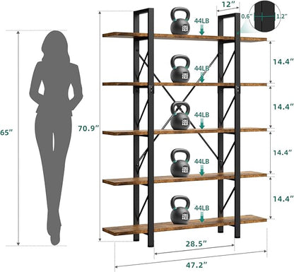 YITAHOME 5 Tier Bookshelf, 70.9" Tall Industrial Bookcase, Wide Open Display Storage Book Shelf for Living Room/Bedroom/Home/Office, Rustic Brown