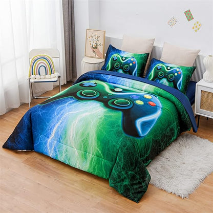 Meeting Story Gamer Gaming Bedding Sets Red Blue Lightnings Gamepad Comforter Set for Boys Games Console Action Buttons Novelty Colorful Modern Room Decor Home Quilt Set (Blue-Green, Twin 5Pcs)