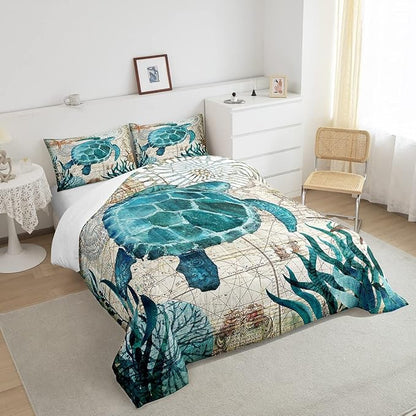 Turtle Bedding Teal Turtle Comforter Set Turquoise Ocean Themed Mediterranean Style Printed Design Ocean Turtle Down Comforter Quilted Duvet Set Full Size 1 Comforter 2 Pillowcases (Full, Turtle)