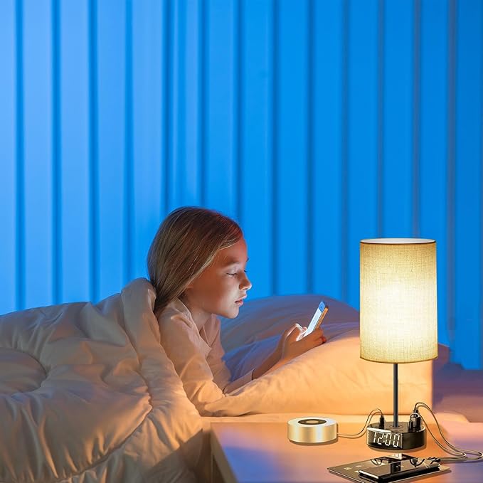 Gray Nightstand Light Lampshade 7ft Plug Extension Cord Dual USB Charging Port AC Outlet, Cylinder Desk Lamp Clock Charger…