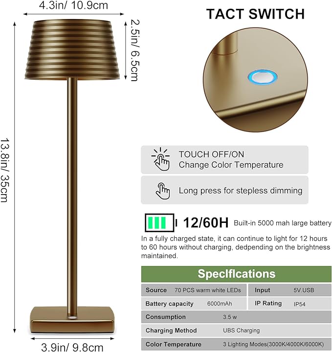 Rechargeable Cordless Table Lamp, Battery 6000mAh Metal Aluminum Housing USB LED Portable Powered Desk Lamp, 3 Levels Brightness Night Light for Restaurants Bars Outdoor (Titanium)