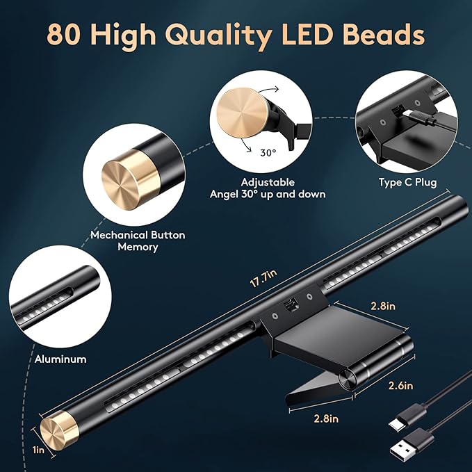 Monitor Light Bar with RGB Backlight, Flat/Curved Screen Bar Reduce Eye Strain Monitor Lamp USB Powered Led Desk Lamp 17.7 inch with Dimming Memory for Desktop Space Saving and Gaming Home Office