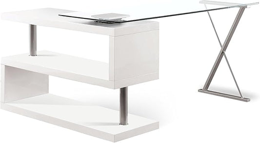 Furniture of America Lilliana Swivel Glass Top S-Shaped Writing Desk for Home Office, Studying Room, White