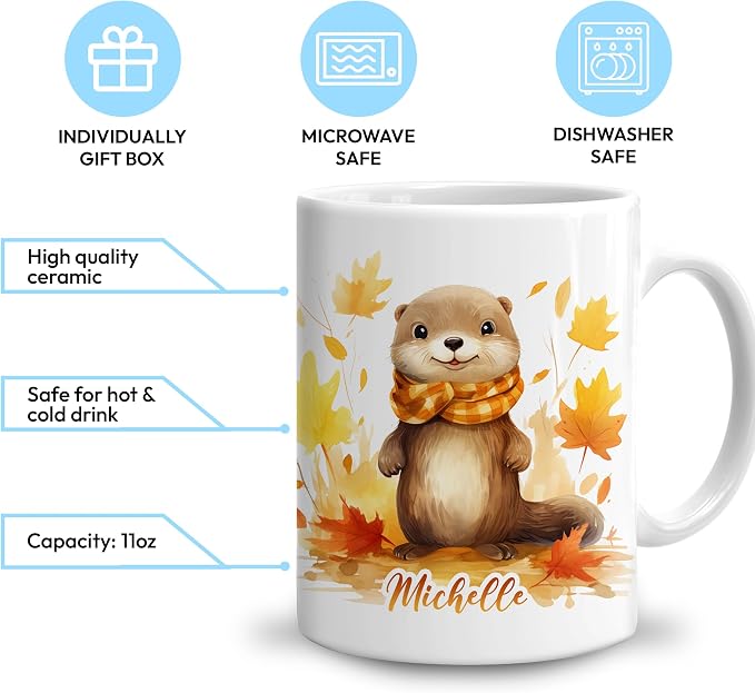 Hyturtle Personalized Fall Otter Maple Leaves Coffee Mug, Fall Autumn Décor | Birthday Gifts For Otter Lovers - Gifts For Farmhouse Thanksgiving - Custom Name 11oz White Ceramic Coffee Tea Mug