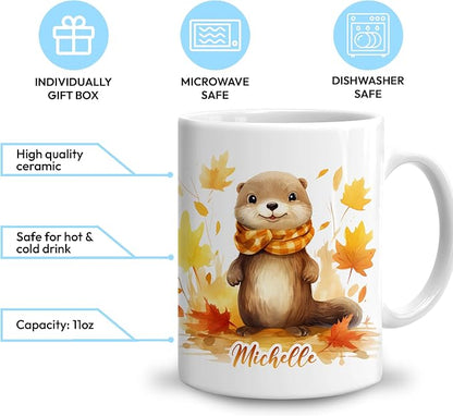 Hyturtle Personalized Fall Otter Maple Leaves Coffee Mug, Fall Autumn Décor | Birthday Gifts For Otter Lovers - Gifts For Farmhouse Thanksgiving - Custom Name 11oz White Ceramic Coffee Tea Mug