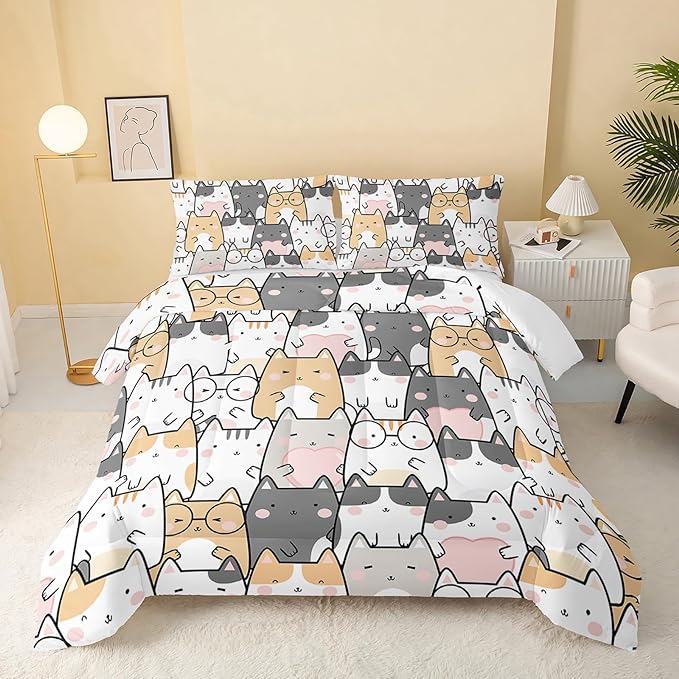 Kawaii Cat Comforter Queen Size,Cats Comforter Set for Kids Teens Girls Boys,3Pcs Bedding Set Printed Comforter with 2 Pillowcases,Down Alternative,Soft and Lightweight，Queen Size