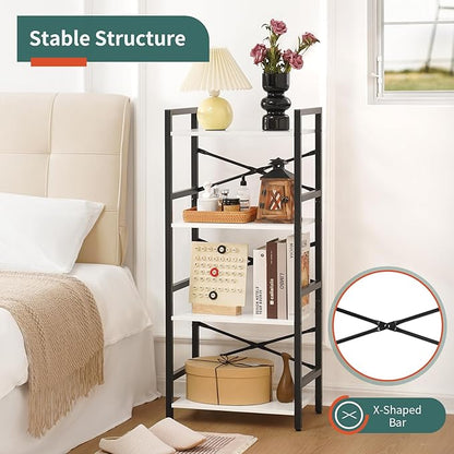 Yoobure 4 Tier Bookshelf - Small Book Shelf Industrial Bookcase, Narrow Book Case Book Storage Organizer for CD/Movie/Book, Bookshelves for Bedroom Office Living Room White
