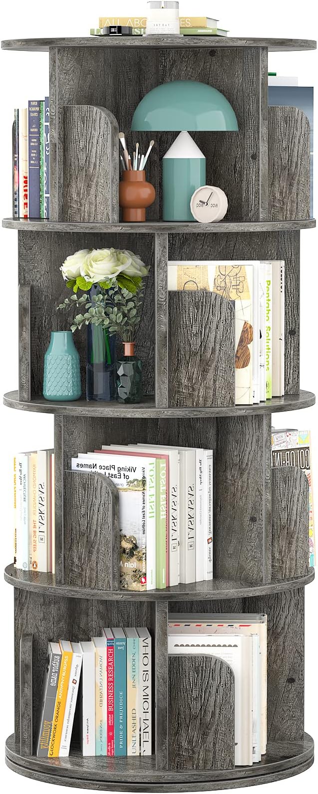 Aheaplus Rotating Bookshelf, 360 Display Corner Bookshelf for Small Space, 4 Tier Floor Standing Bookcase Storage Rack, Wood Narrow Book Shelf Organizer for Bedroom, Living Room, Study Room, Grey Oak