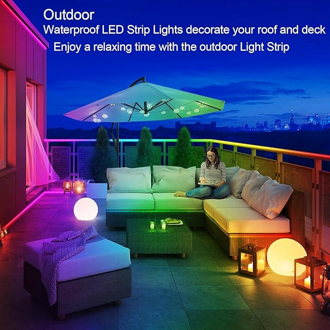 500ft Outdoor LED Strip Lights Waterproof,IP68 Outside Led Light Strips Waterproof with App and Remote,Music Sync RGB Exterior Led Rope Lights with Self Adhesive Back for Deck,Balcony,Pool