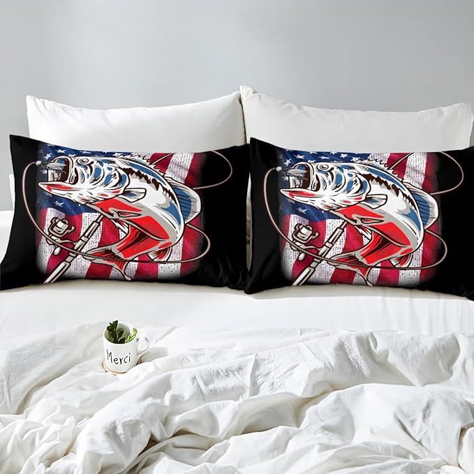 American Flag Comforter Set Farmhouse Fishing Bedding Set for Kids Boys Girls Teens Room Wild Fish Decor Comforter Red Blue Stripe Quilted Set 3Pcs Queen Size