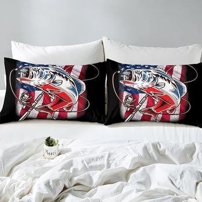 American Flag Comforter Set Farmhouse Fishing Bedding Set for Kids Boys Girls Teens Room Wild Fish Decor Comforter Red Blue Stripe Quilted Set 2Pcs Twin Size