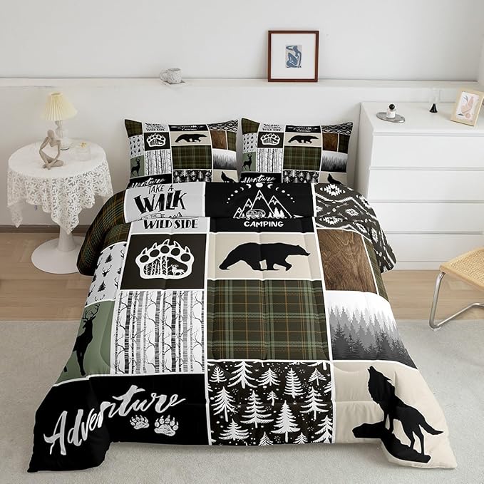 Camper Adventure Kids Comforter Set King Size,Deer Antlers Bear Paws Rustic Farmhouse Bedding Set for Boys Girls Adults Room Decor,Atzec Arrows Boho Down Comforter,Camo Duvet Insert,2 Pillowcases