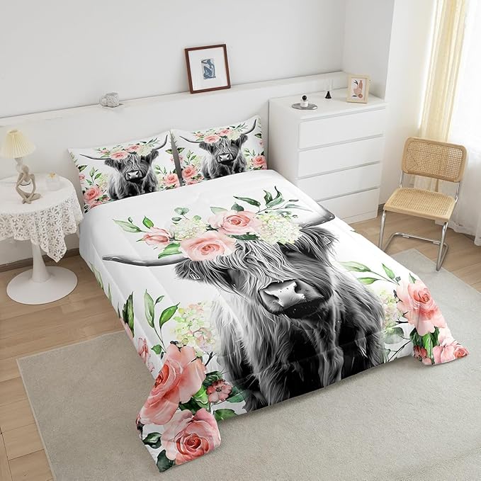 Highland Cow Bedding Set Kids Rose Floral Bull Cattle Comforter Set for Girls Teens Western Wildlife Animal Comforter Farmhouse Duvet Set Room Decor Quilt Set Twin Size