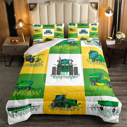Boys Cartoon Truck Car Down Comforter King Size Kids Construction Vehicles Tractor Comforter Set for Kids Children Farm Excavator Bedding Set Construction Site Cars Duvet Set, Green Yellow
