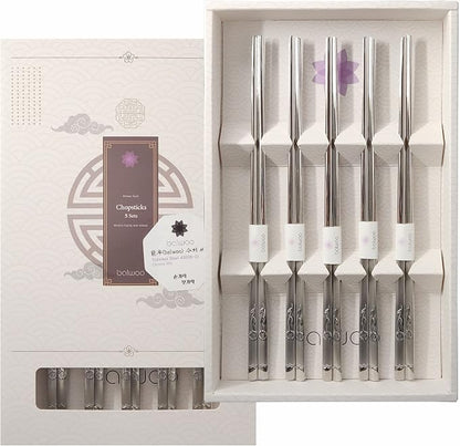 Chopsticks [Made in Korea][5 Sets] 430 Premium Stainless Steel Chopsticks, Mukbang Kitchen Utensil, Cutlery Silverware Stainless Tableware (Sunflower)