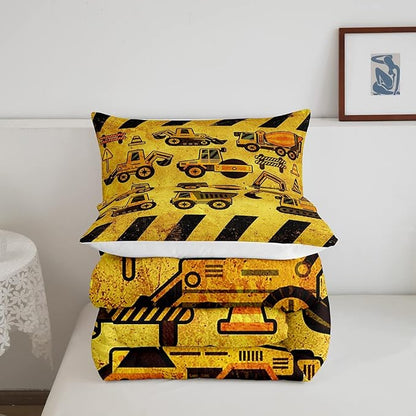 Kids Construction Comforter Set Twin, Boys Cartoon Car Down Comforter, Cartoon Machinery Truck Bedding Set, Yellow Tractor Excavator Super Soft Comforter For Children Teens, Kids Car Theme Room
