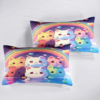 Rainbow Cat Comforter Full Size - Rainbow Cat Bedding for Girls Room Cute Cartoon Rainbow Bedding Full Comforter Sets for Kids, 1 Comforter+2 Pillowcases