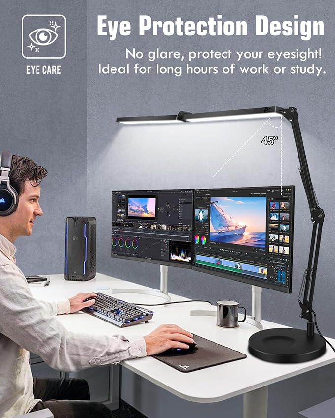 LED Desk Lamps for Home Office 2 in 1 Large Double Head Desk Lamp with Clamp & Base, Remote Control, Dimmable Architect Clip on Desktop Light Bar with Memory for Working, Crafting, Studying